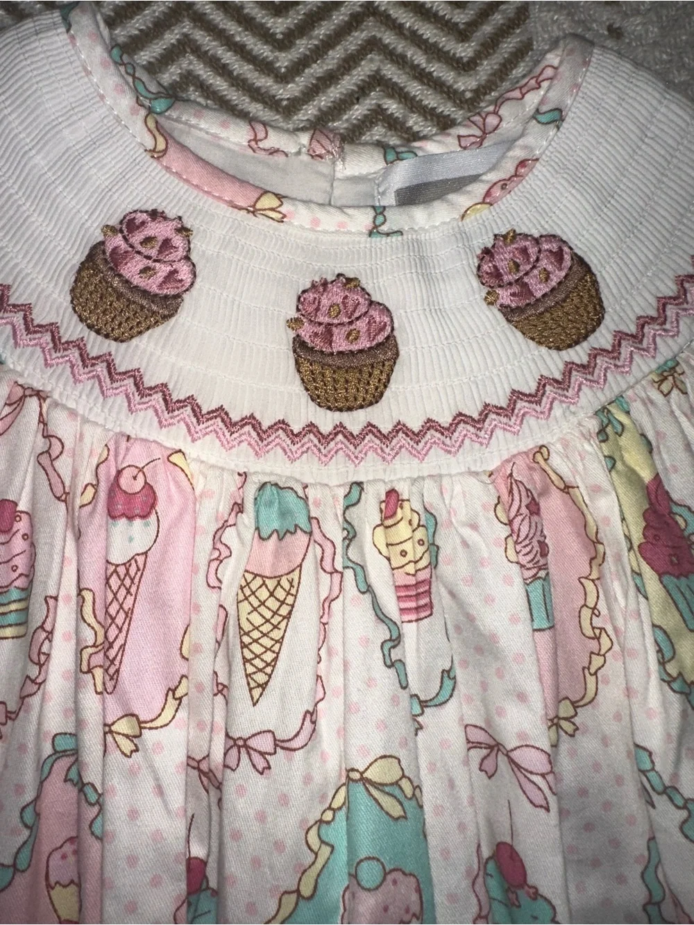 NWT Lil Cactus Girls' Pastel Cupcake & Ice Cream Smocked Dress - White & Pink